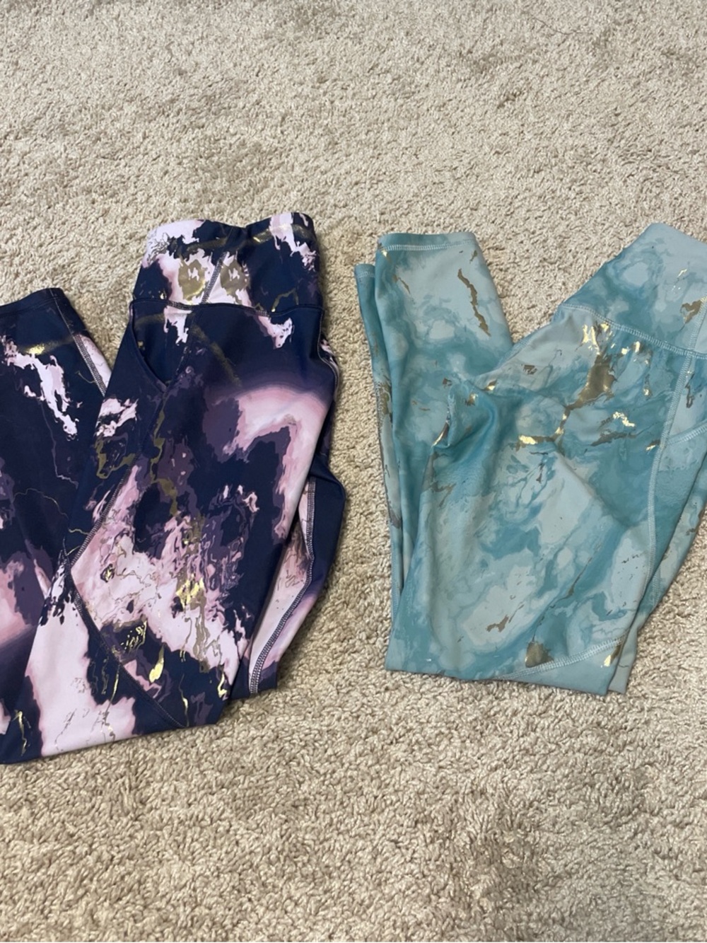 Marble Print Active Leggings Pair - Pink/Navy & Seafoam with Gold Accents